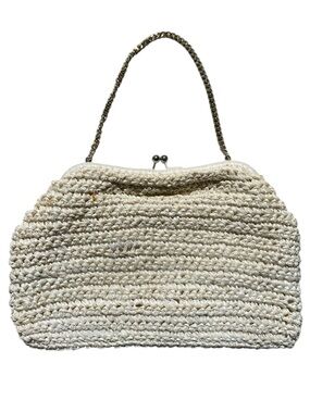 Chic Vintage Woven Cream Crochet Clutch Handbag with Chain Handle Made in Japan
